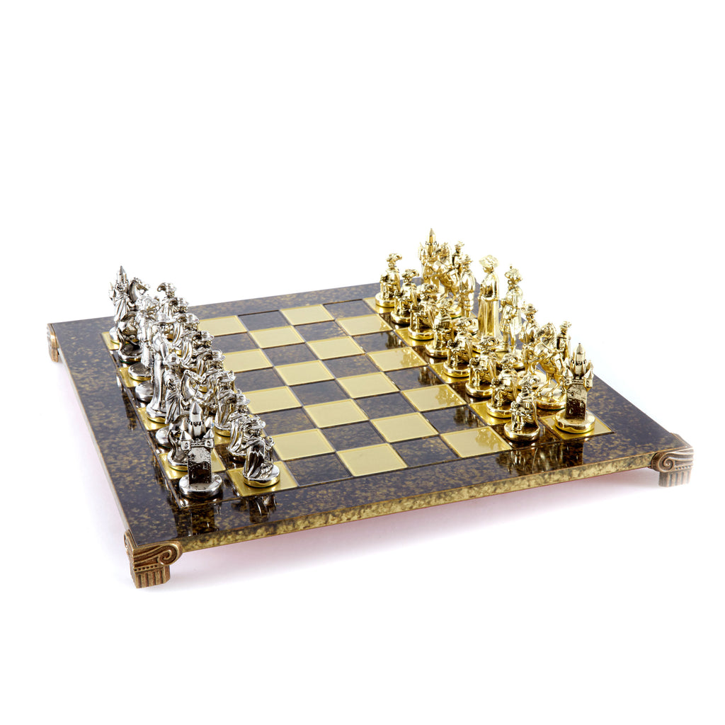 MEDIEVAL KNIGHTS CHESS SET with gold/silver chessmen and bronze