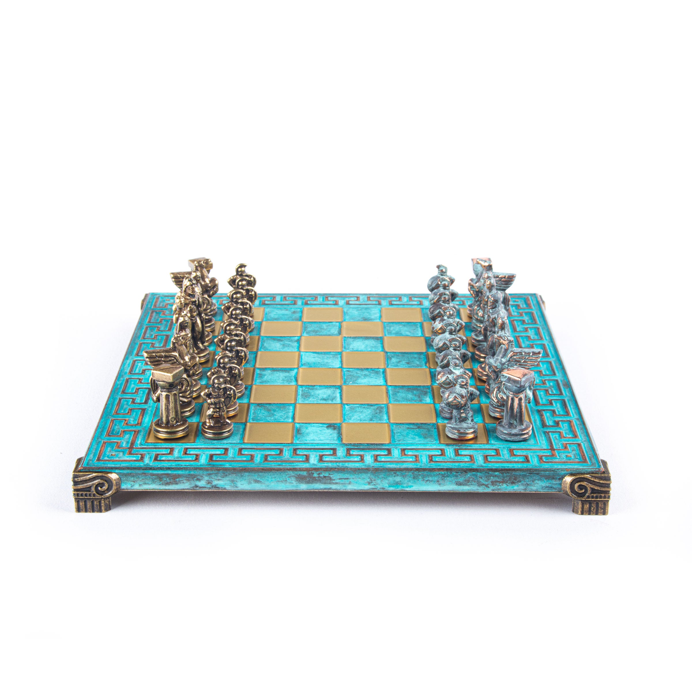 SPARTAN WARRIOR CHESS SET with blue/brown chessmen and Meander bronze  chessboard 28 x 28cm (Small)