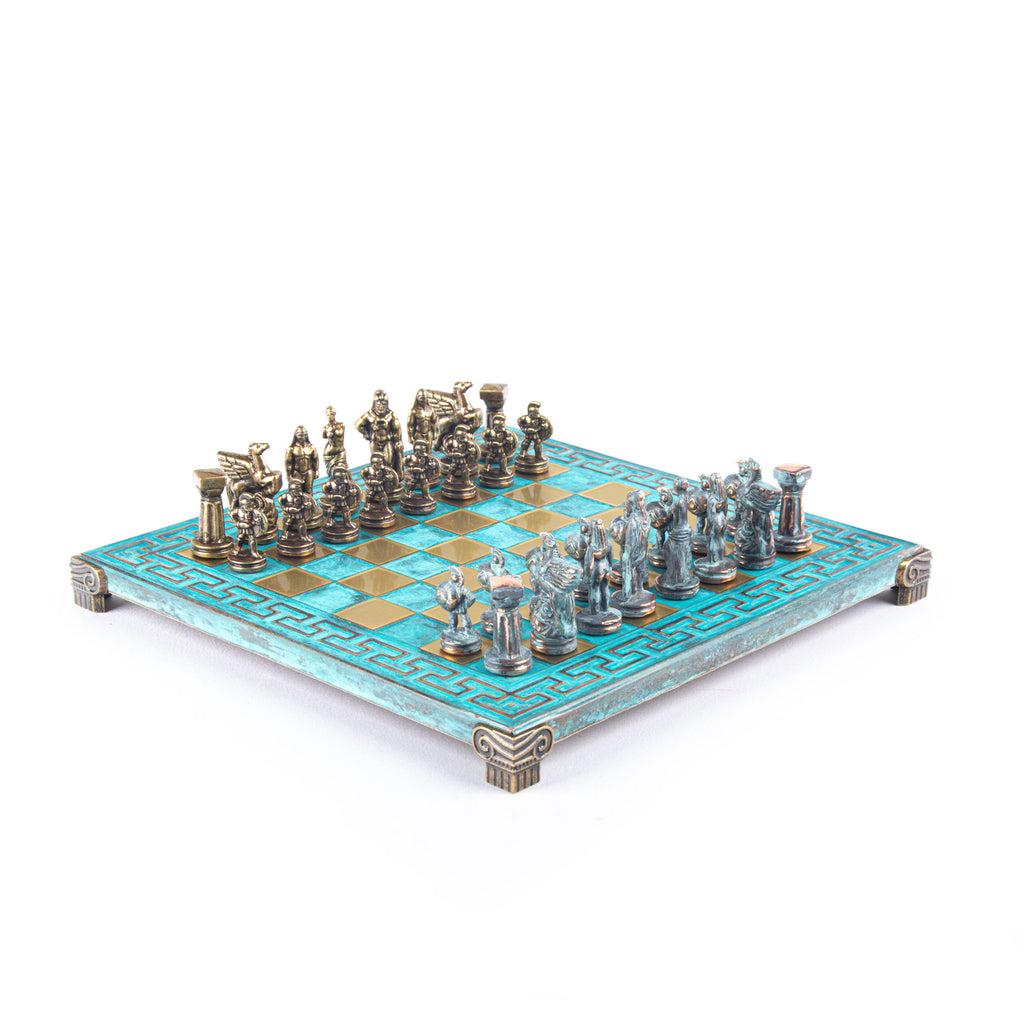 SPARTAN WARRIOR CHESS SET with blue/brown chessmen and Meander bronze  chessboard 28 x 28cm (Small)