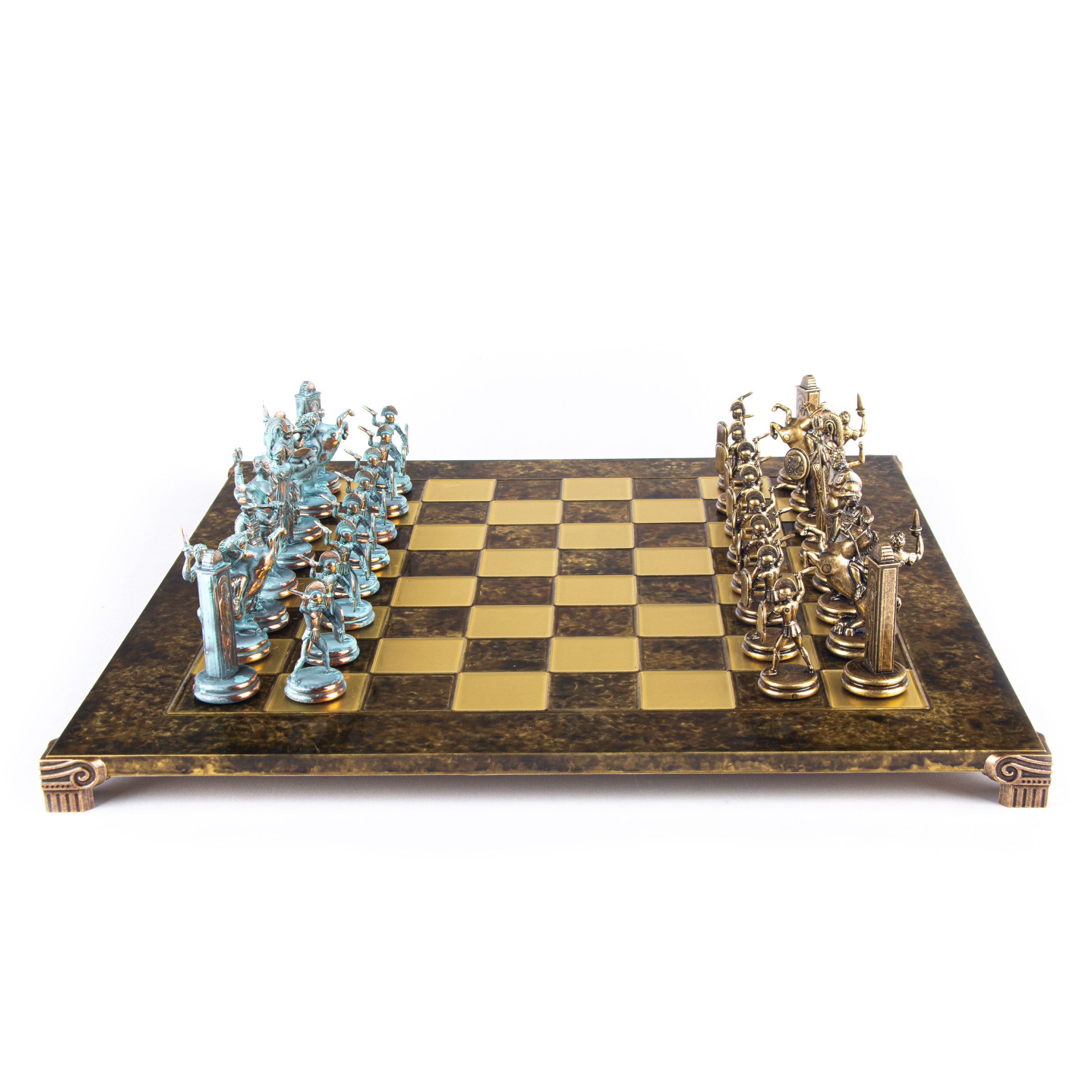 GREEK MYTHOLOGY CHESS SET with blue/brown chessmen and bronze