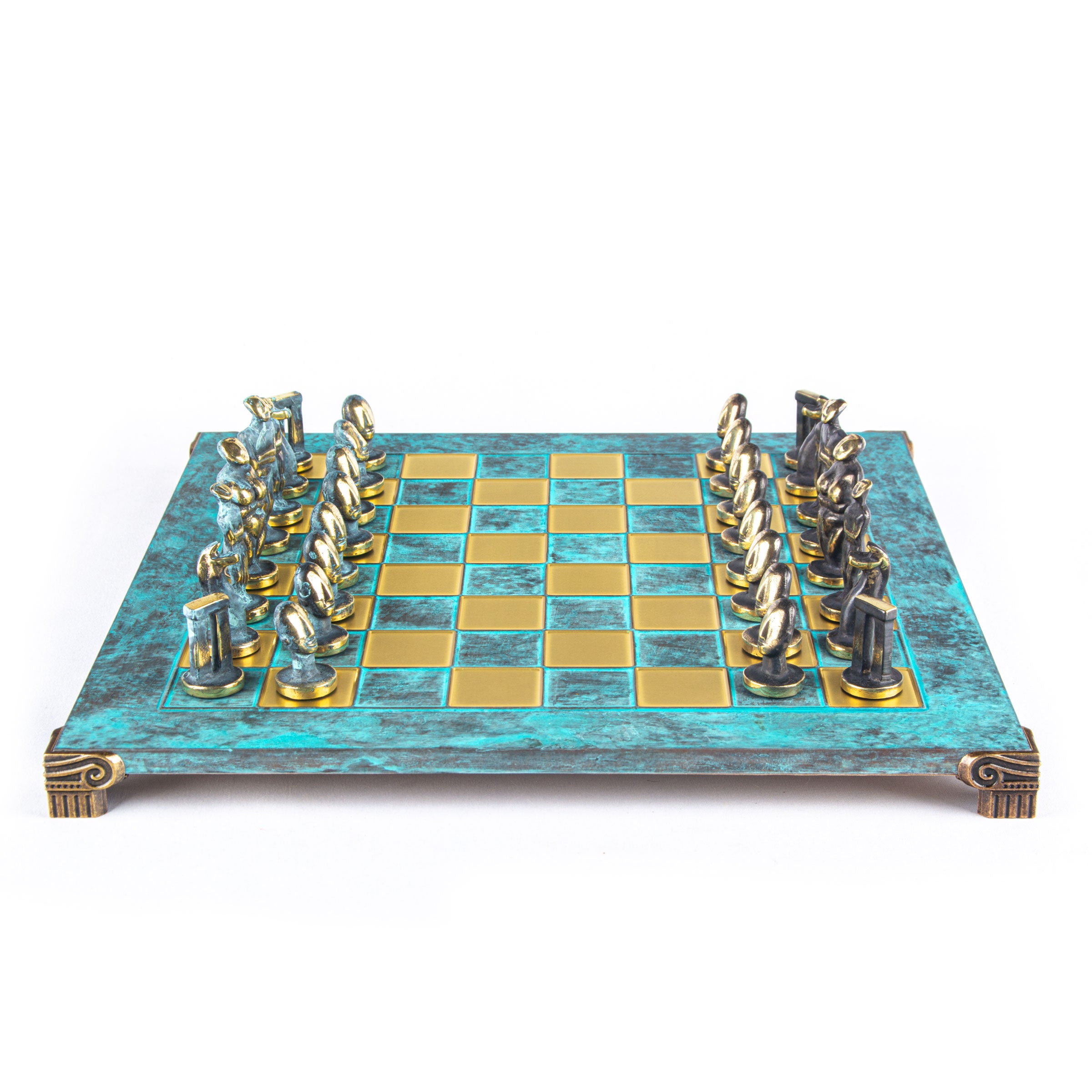 CYCLADIC ART SOLID BRASS CHESS SET with blue/brown chessmen and