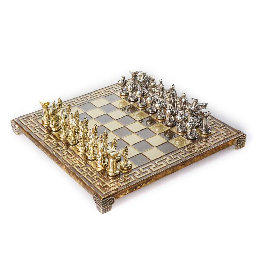 SPARTAN WARRIOR CHESS SET with gold/silver chessmen and bronze chessboard  28 x 28cm (Small)