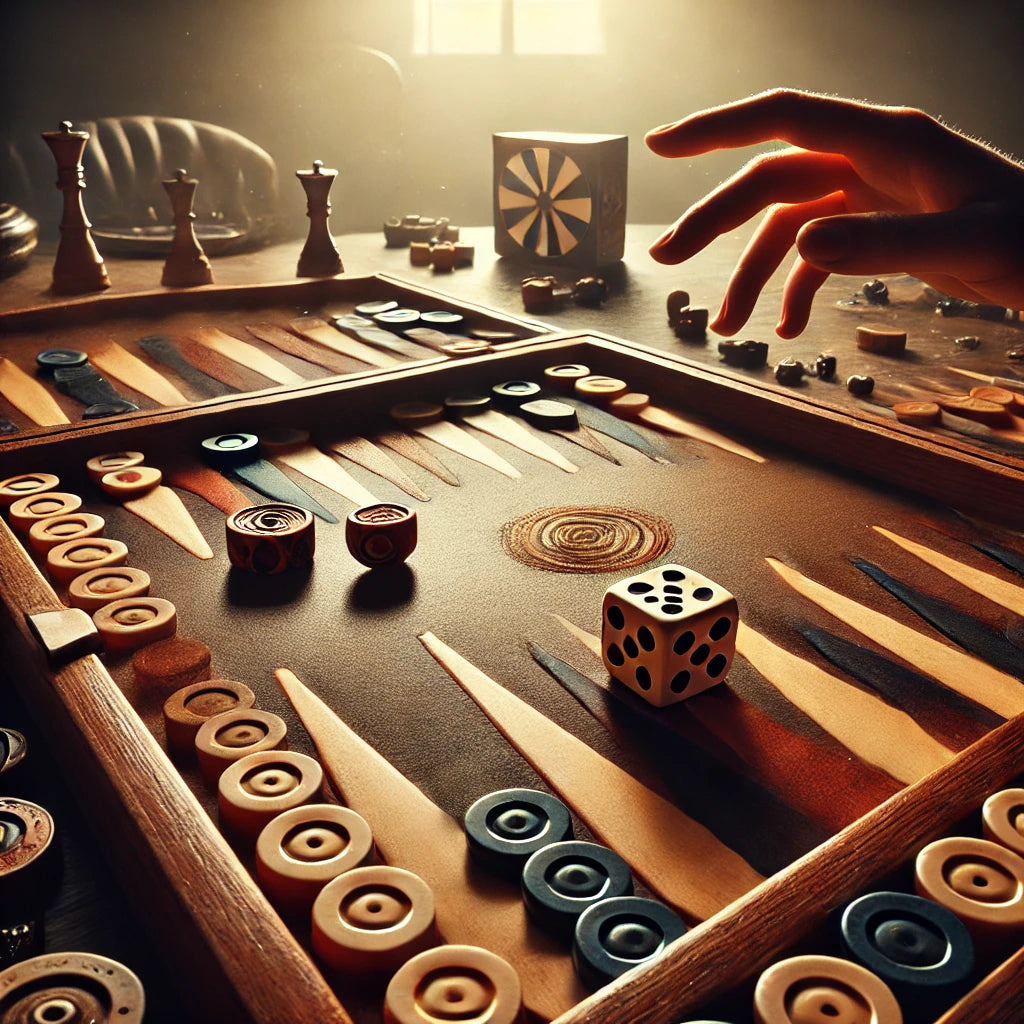 Close-up of a high-quality wooden backgammon board during the bear-off phase, with a few checkers strategically positioned for removal. 