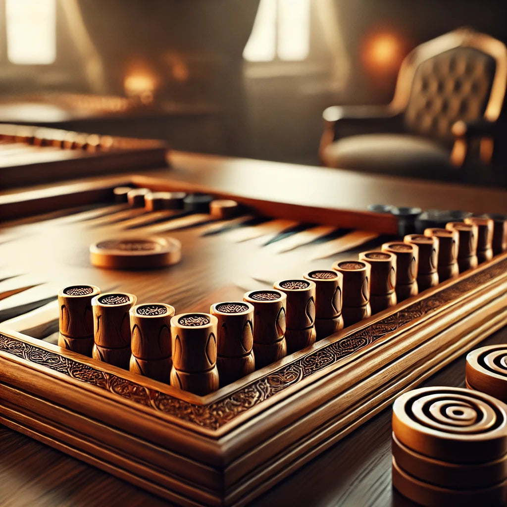 Elegant backgammon board with wooden pieces on a polished table, warmly lit, with a cozy background hinting at a strategic game.