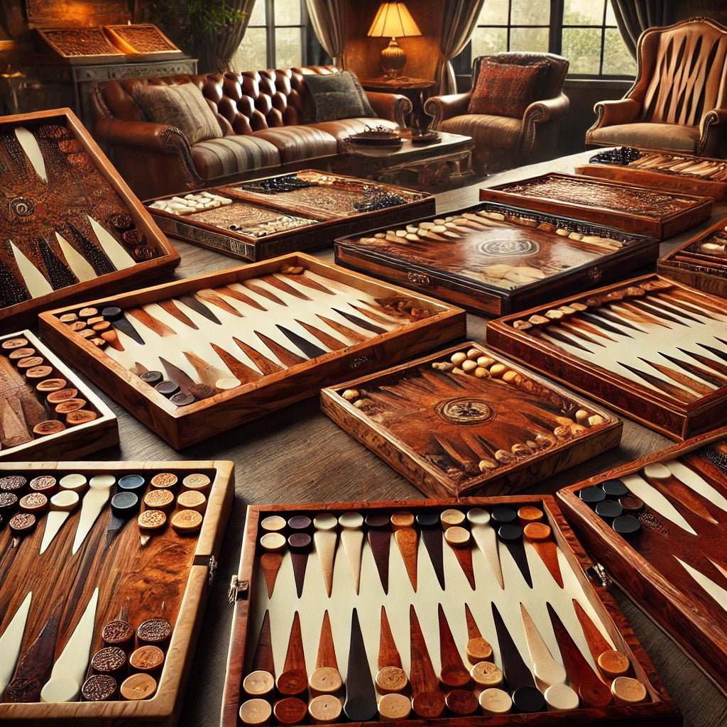 Luxurious backgammon sets featuring handcrafted wood and leather designs, including Olive Burl, Walnut Burl, Mahogany, and leatherette finishes on a polished wooden table.