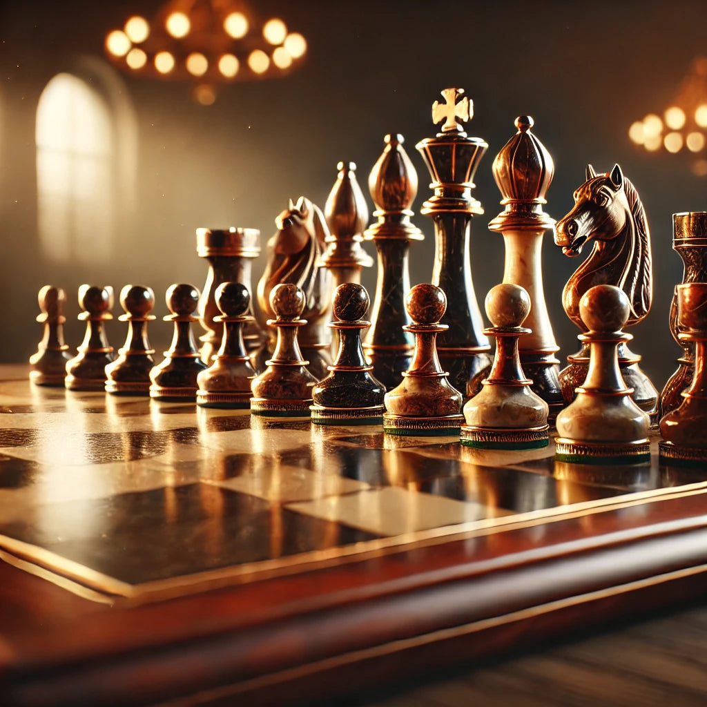 Luxurious chess set with marble and metal pieces displayed on a polished wooden chessboard, evoking a sense of sophistication and elegance.