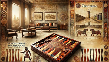 An artistic depiction featuring a luxurious backgammon set with polished wood and inlaid designs, set against a rich, textured background resembling antique parchment. The background subtly integrates faded images of ancient Mesopotamian artifacts.