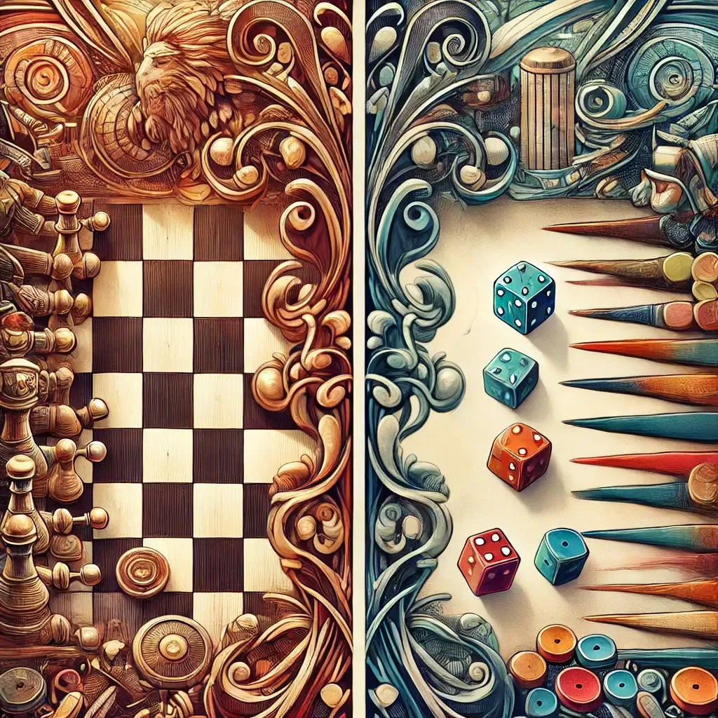 Illustration comparing the complexity of Backgammon and Chess. On the left, a chessboard with intricately designed pieces in a mid-game position. On the right, a backgammon board with colorful checkers and dice, highlighting an ongoing game.