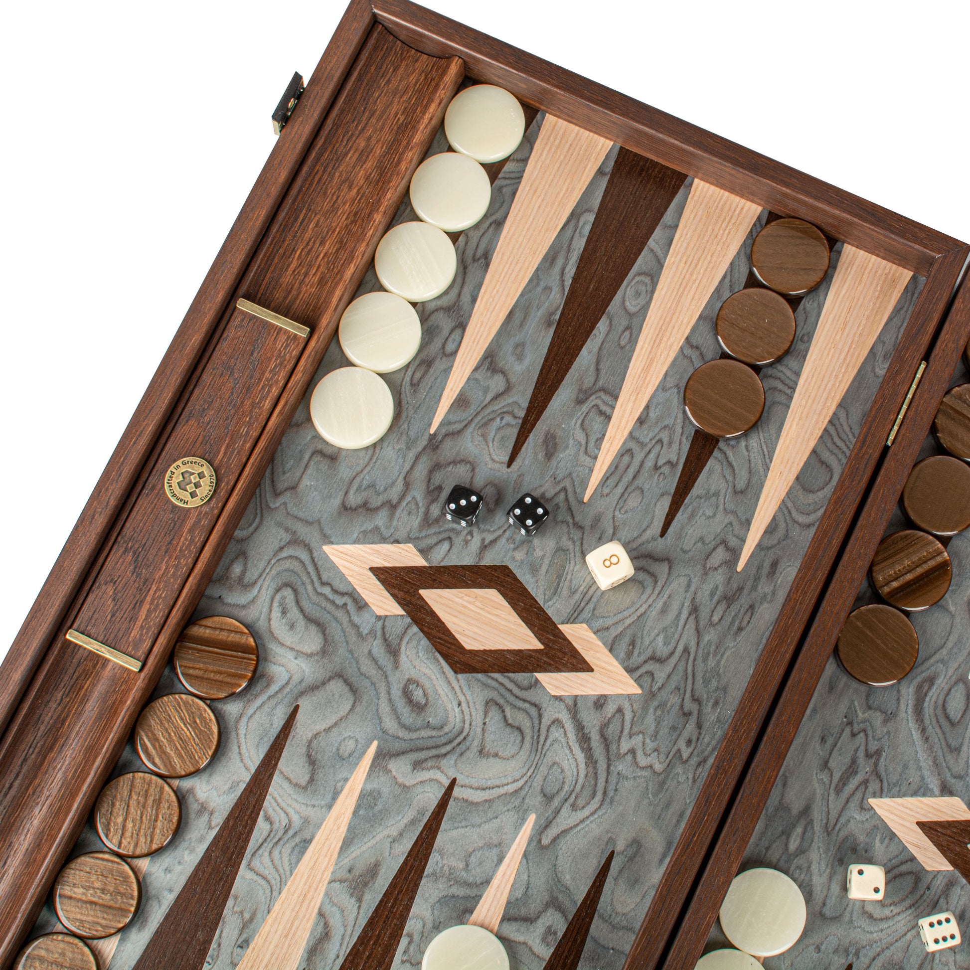 Premium Handcrafted Pearly Grey Vavona Backgammon Set - Luxury Board Game with Oak & Wenge Accents - Premium Backgammon from MANOPOULOS Chess & Backgammon - Just €218! Shop now at MANOPOULOS Chess & Backgammon