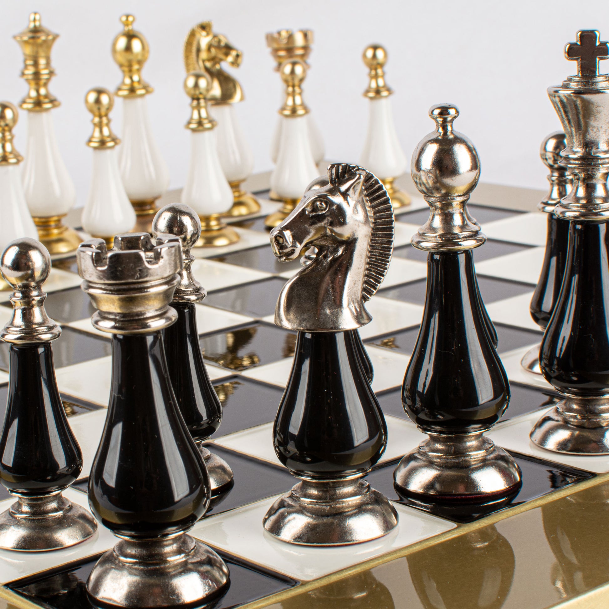 Handcrafted Classic Metal Staunton Chess Set with Pearl Elements, Black & White (Large) - Premium Chess from MANOPOULOS Chess & Backgammon - Just €393! Shop now at MANOPOULOS Chess & Backgammon