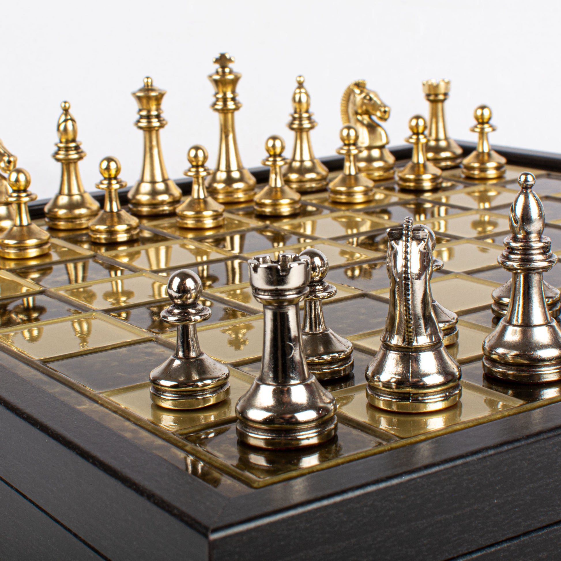 Handcrafted Classic Metal Staunton Chess Set in Wooden Box with Storage – Gold & Silver (Medium) - Premium Chess from MANOPOULOS Chess & Backgammon - Just €183! Shop now at MANOPOULOS Chess & Backgammon