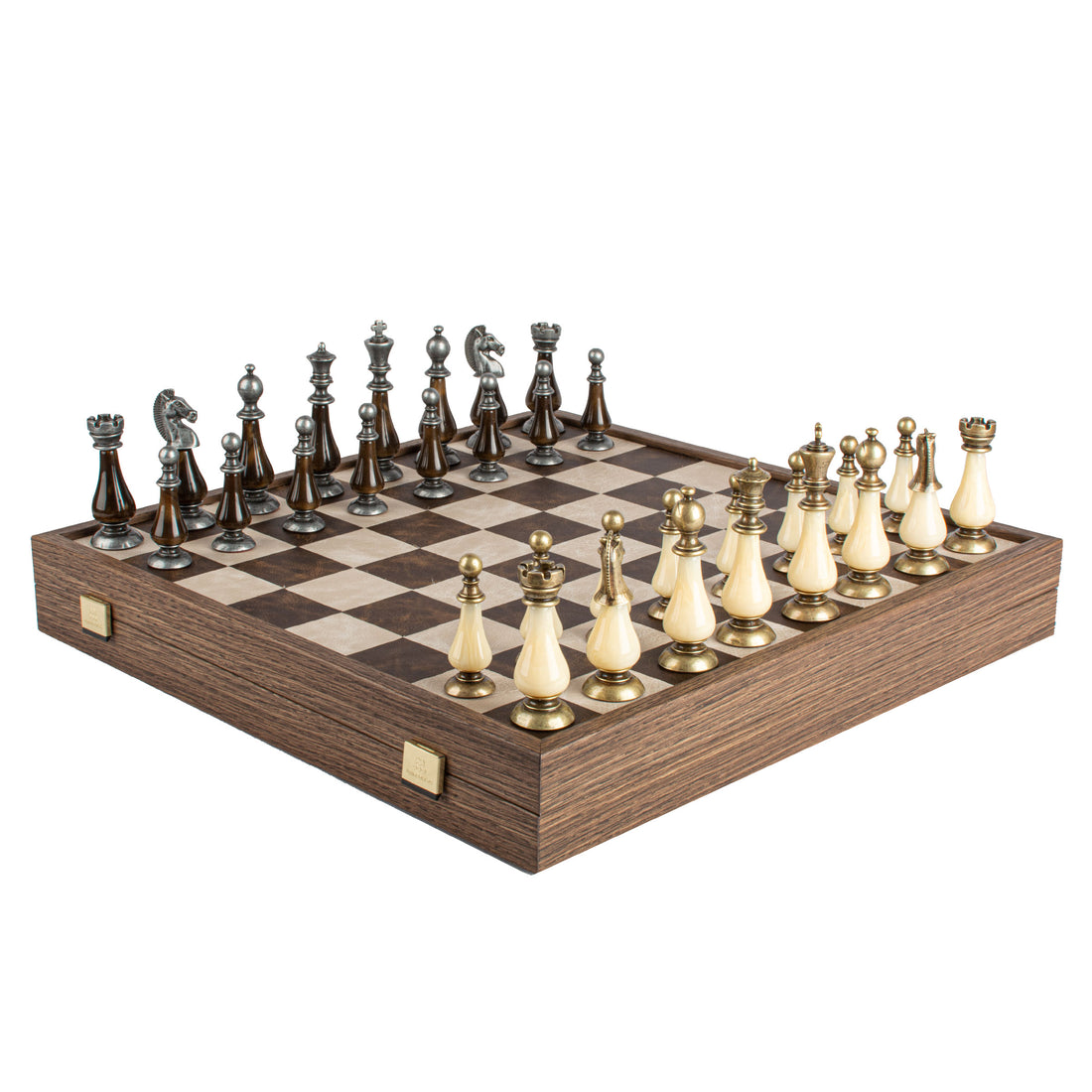 Brown/Ivory Leather Chessboard - 50x50cm with Brass and Pewter Finish Chessmen & Pearl Elements - Premium Chess from MANOPOULOS Chess & Backgammon - Just €318! Shop now at MANOPOULOS Chess & Backgammon