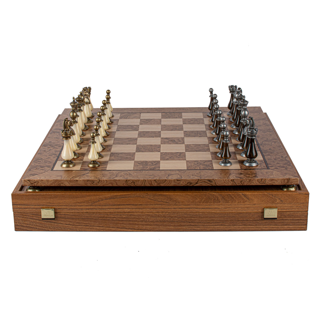 Walnut Burl Chess Set - 50x50cm with Brass and Pewter Finish Chessmen & Pearl Elements - Premium Chess from MANOPOULOS Chess & Backgammon - Just €318! Shop now at MANOPOULOS Chess & Backgammon