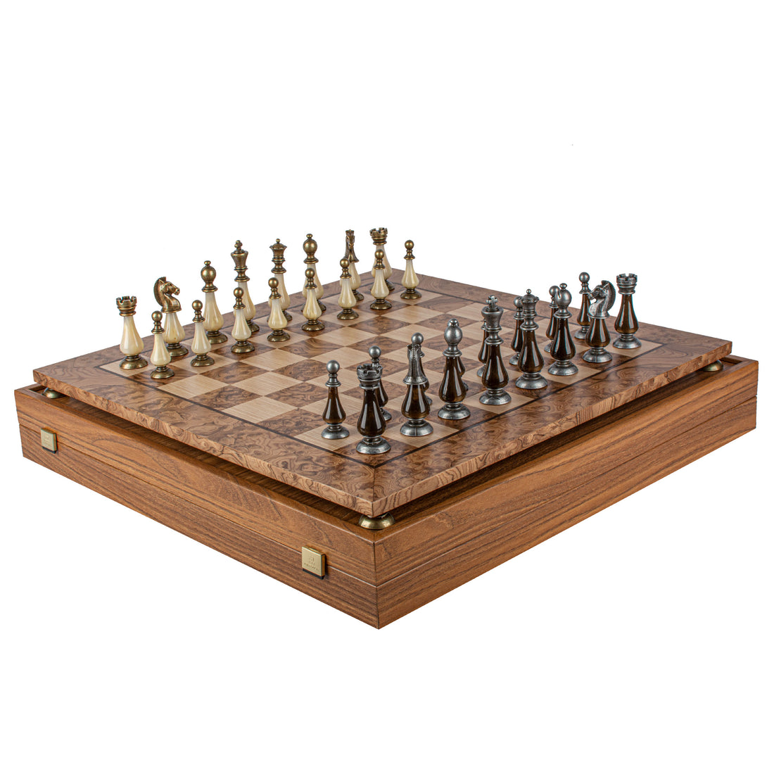 Walnut Burl Chess Set - 50x50cm with Brass and Pewter Finish Chessmen & Pearl Elements - Premium Chess from MANOPOULOS Chess & Backgammon - Just €318! Shop now at MANOPOULOS Chess & Backgammon