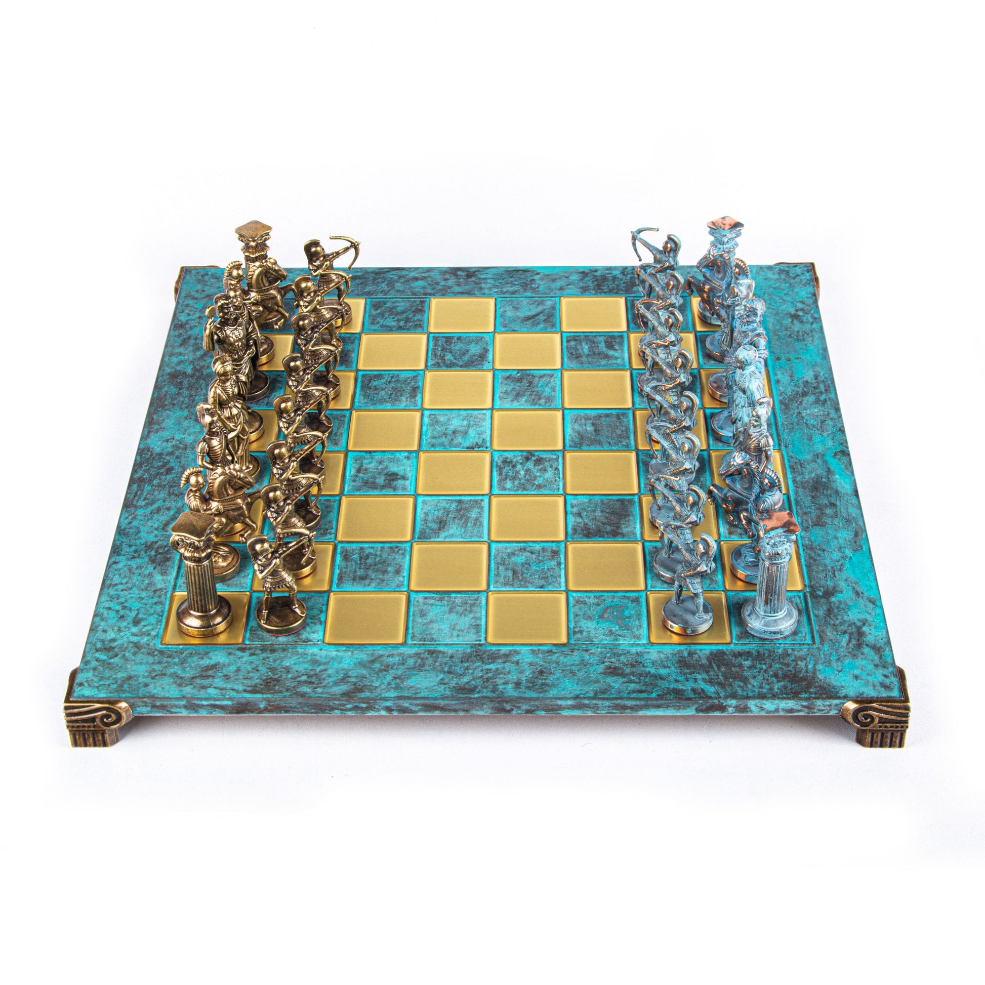 ARCHERS CHESS SET with blue/brown chessmen and bronze chessboard (Large) - Premium Chess from MANOPOULOS Chess & Backgammon - Just €275! Shop now at MANOPOULOS Chess & Backgammon