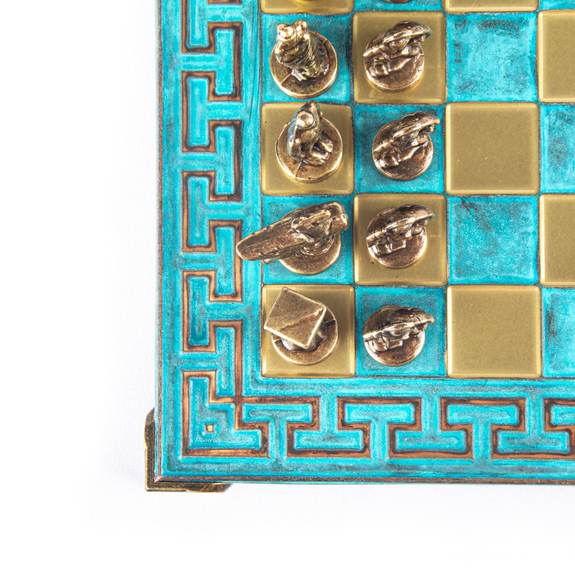 SPARTAN WARRIOR CHESS SET with blue/brown chessmen and Meander bronze chessboard 28 x 28cm (Small) - Premium Chess from MANOPOULOS Chess & Backgammon - Just €168! Shop now at MANOPOULOS Chess & Backgammon