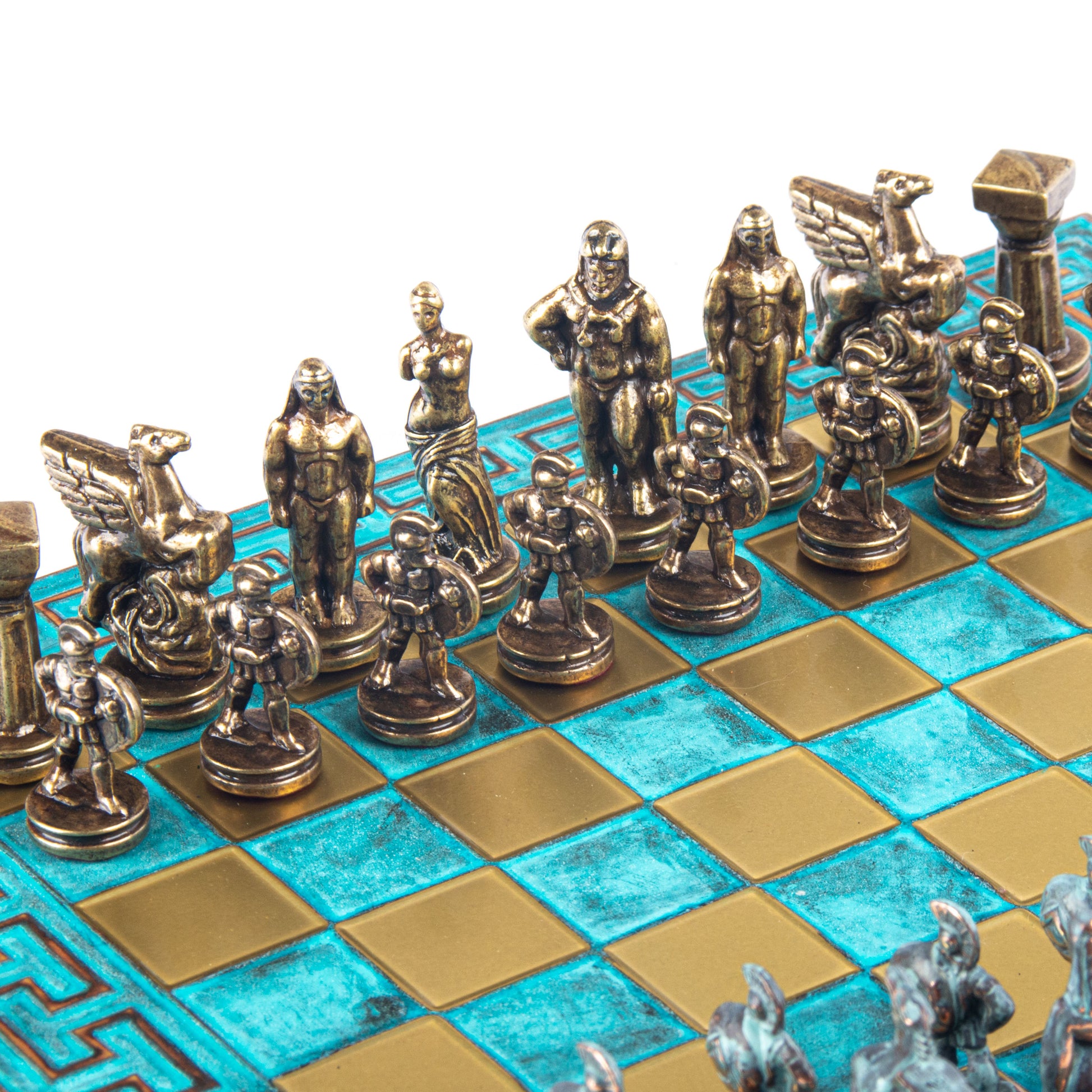 SPARTAN WARRIOR CHESS SET with blue/brown chessmen and Meander bronze chessboard 28 x 28cm (Small) - Premium Chess from MANOPOULOS Chess & Backgammon - Just €168! Shop now at MANOPOULOS Chess & Backgammon