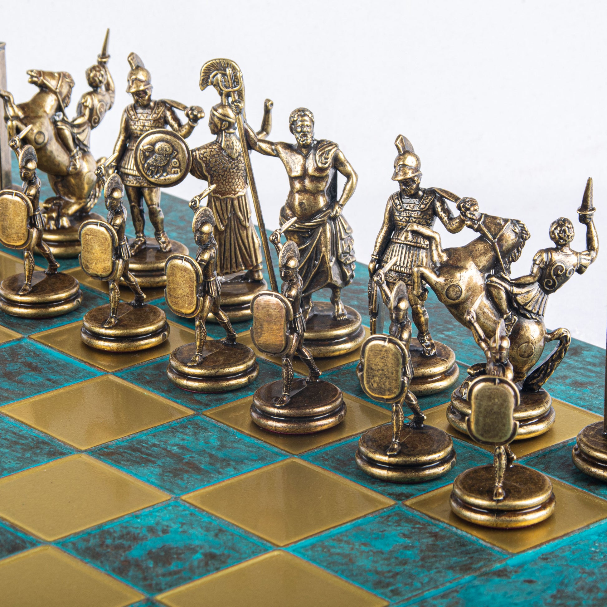 GREEK MYTHOLOGY CHESS SET with blue/brown chessmen and bronze chessboard 54 x 54cm (Extra Large) - Premium Chess from MANOPOULOS Chess & Backgammon - Just €585! Shop now at MANOPOULOS Chess & Backgammon