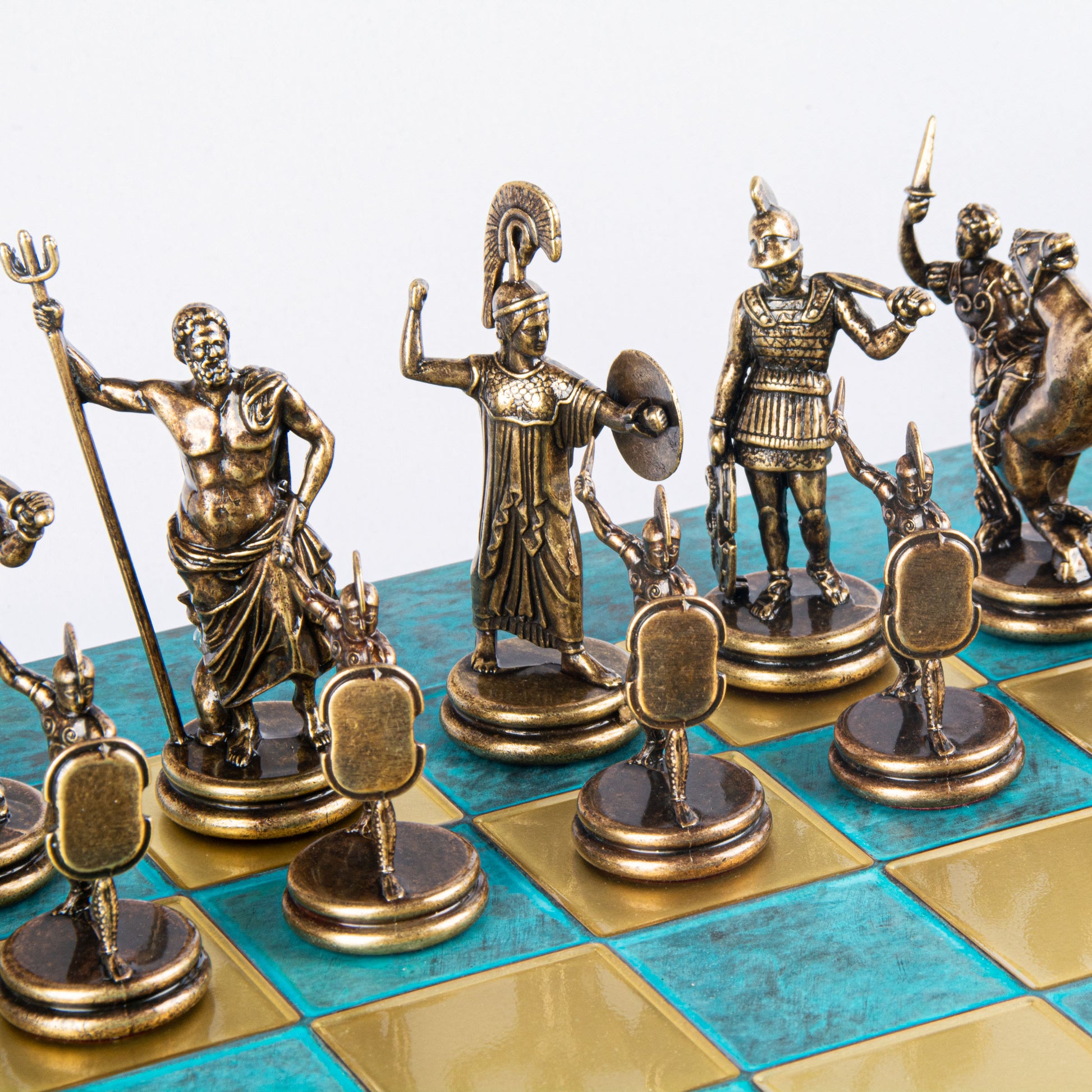 GREEK MYTHOLOGY CHESS SET with gold/brown chessmen and bronze chessboard 54 x 54cm (Extra Large) - Premium Chess from MANOPOULOS Chess & Backgammon - Just €585! Shop now at MANOPOULOS Chess & Backgammon