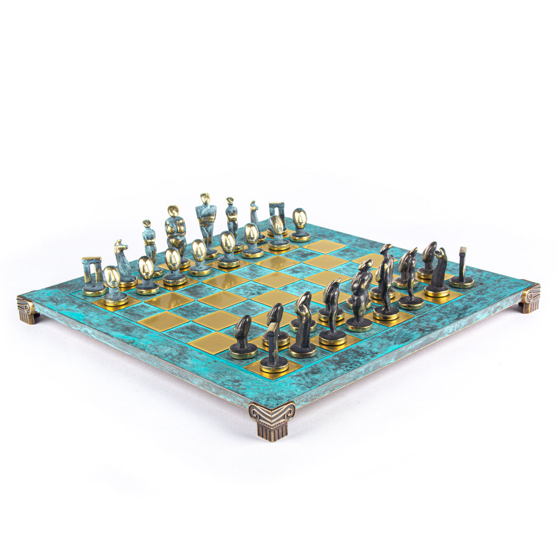 CYCLADIC ART SOLID BRASS CHESS SET with blue/brown chessmen and bronze chessboard 44 x 44cm (Large) - Premium Chess from MANOPOULOS Chess & Backgammon - Just €320! Shop now at MANOPOULOS Chess & Backgammon