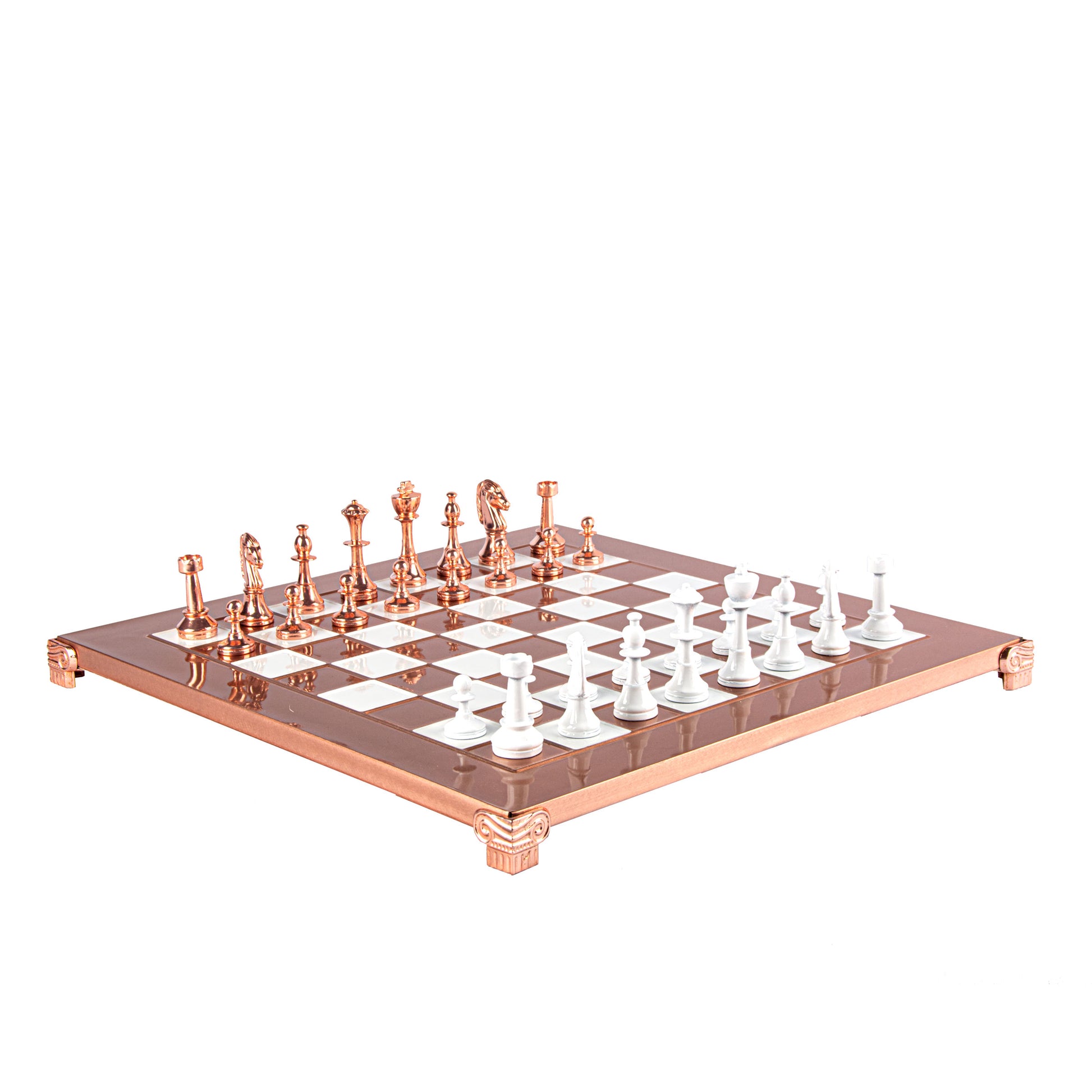 CLASSIC METAL STAUNTON CHESS SET with copper/white chessmen and copper chessboard 36 x 36cm (Medium) - Premium Chess from MANOPOULOS Chess & Backgammon - Just €195! Shop now at MANOPOULOS Chess & Backgammon