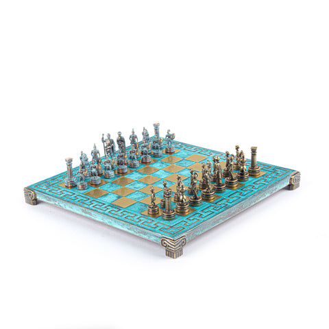 Brass Romans Vs Barbarians Chessmen & Leatherette Cabinet Chess Set Green (Metal Pieces) - Fancy Chess