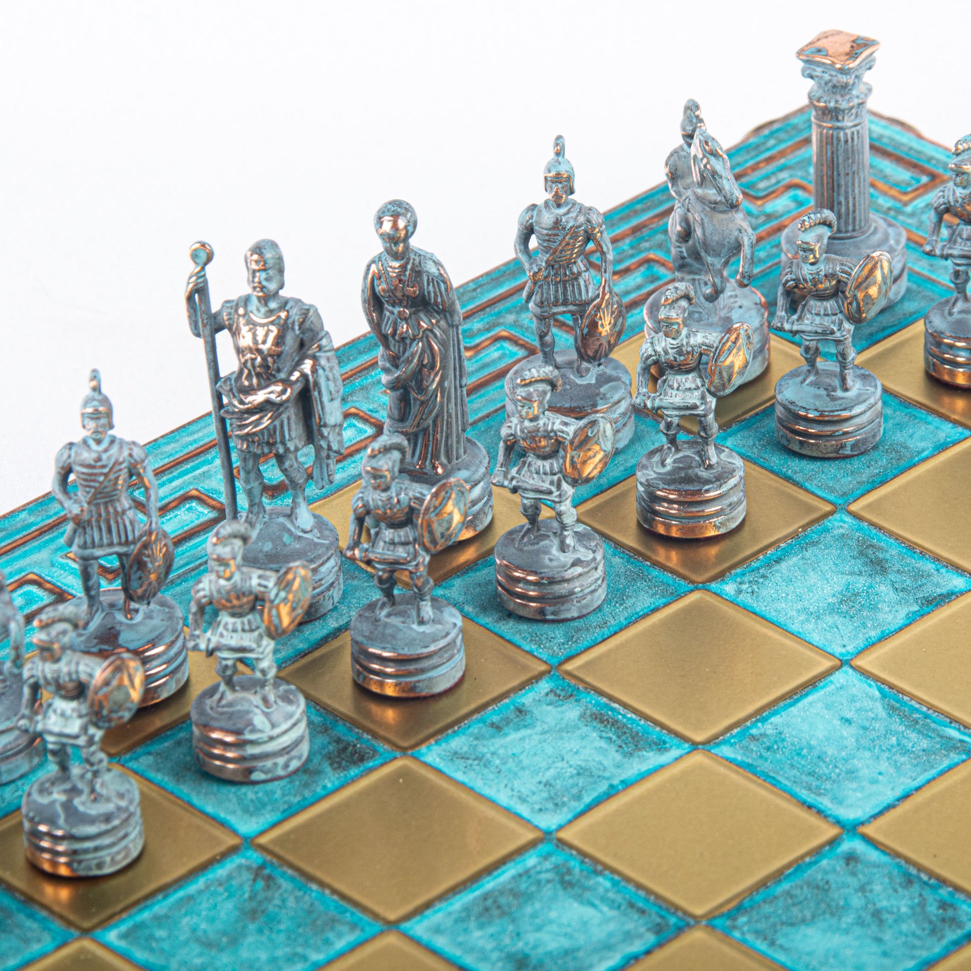 GREEK ROMAN PERIOD CHESS SET with blue/bronze chessmen and meander bronze chessboard 28 x 28cm (Small) - Premium Chess from MANOPOULOS Chess & Backgammon - Just €138! Shop now at MANOPOULOS Chess & Backgammon