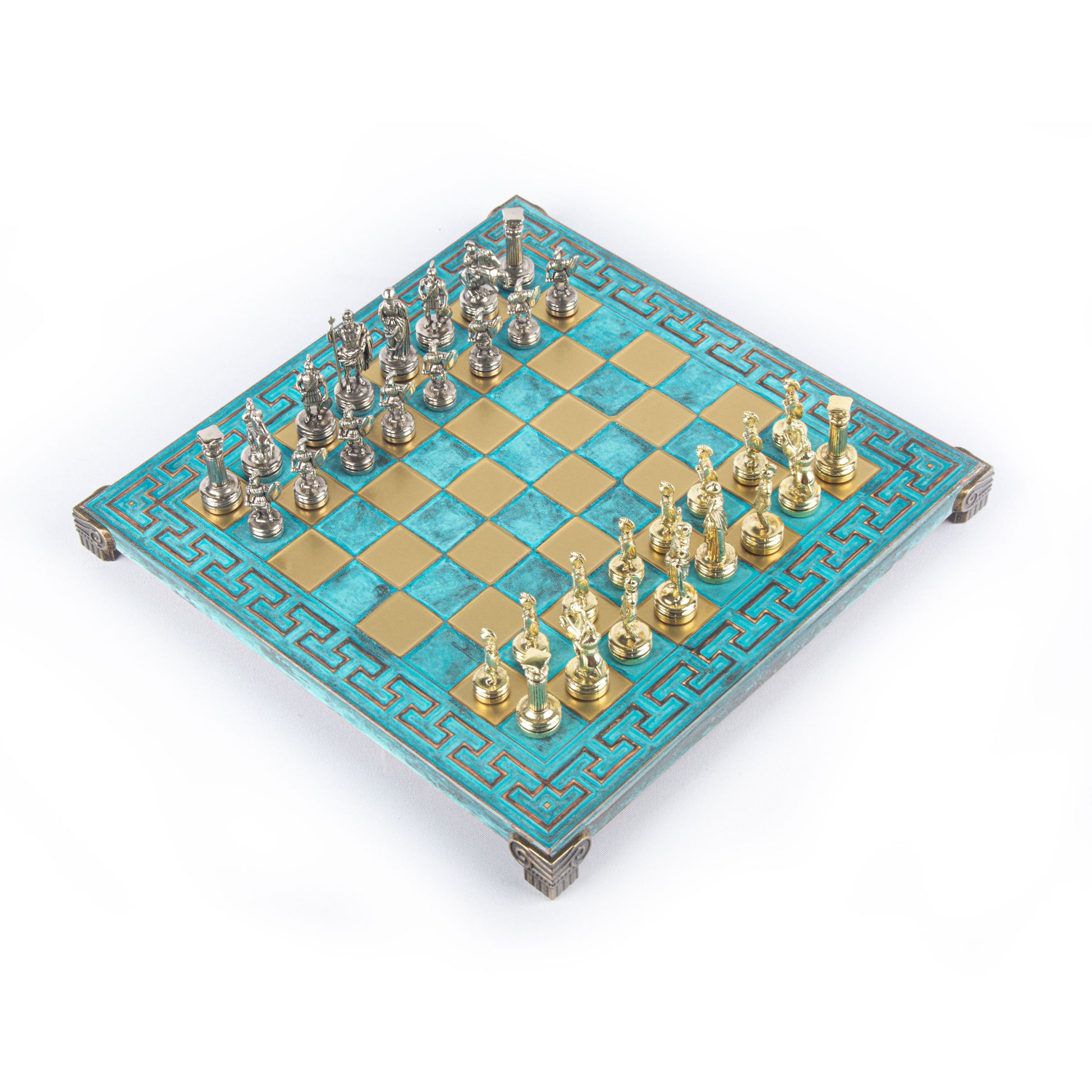GREEK ROMAN PERIOD CHESS SET with gold/silver chessmen and meander bronze chessboard 28 x 28cm (Small) - Premium Chess from MANOPOULOS Chess & Backgammon - Just €138! Shop now at MANOPOULOS Chess & Backgammon