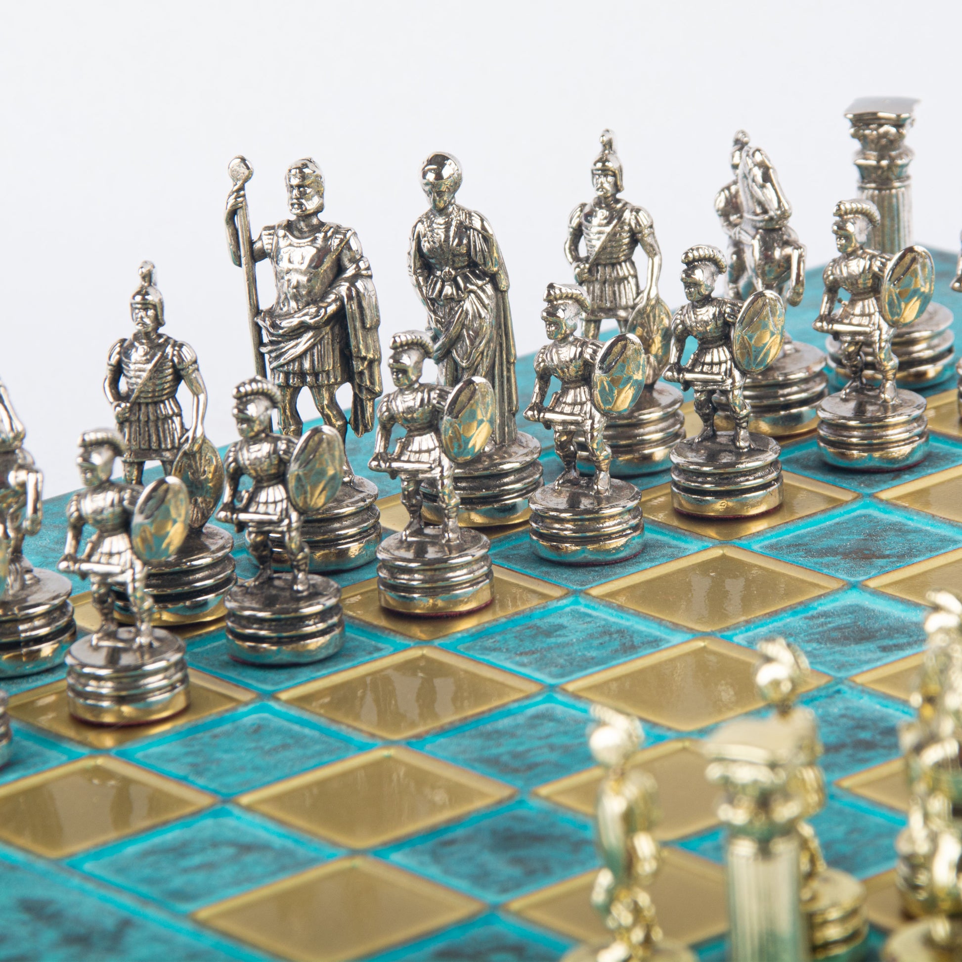 GREEK ROMAN PERIOD CHESS SET with gold/silver chessmen and bronze chessboard 28 x 28cm (Small) - Premium Chess from MANOPOULOS Chess & Backgammon - Just €163! Shop now at MANOPOULOS Chess & Backgammon