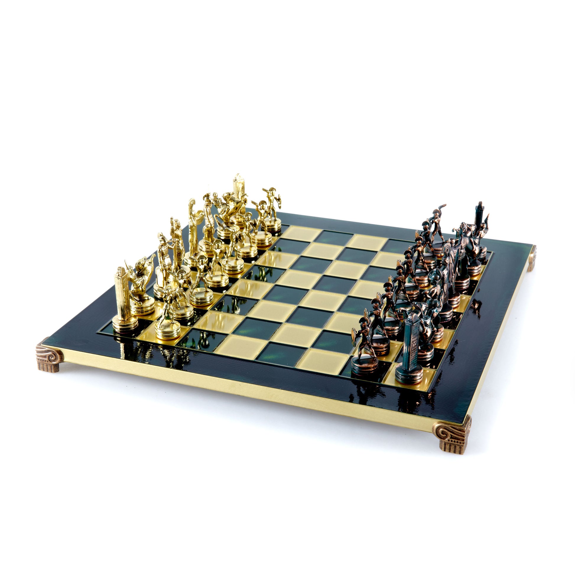 GREEK MYTHOLOGY CHESS SET with green/gold chessmen and bronze chessboard 36 x 36cm (Medium) - Premium Chess from MANOPOULOS Chess & Backgammon - Just €210! Shop now at MANOPOULOS Chess & Backgammon