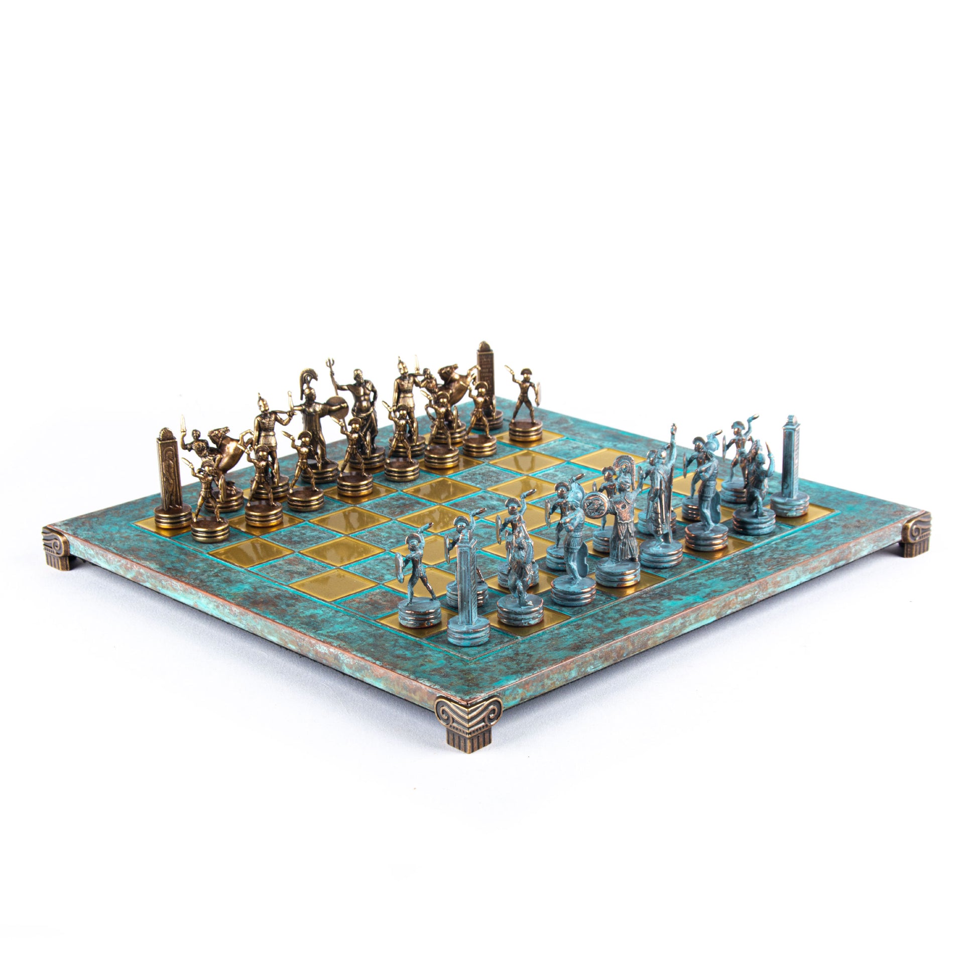 GREEK MYTHOLOGY CHESS SET with blue/brown chessmen and bronze chessboard 36 x 36cm (Medium) - Premium Chess from MANOPOULOS Chess & Backgammon - Just €210! Shop now at MANOPOULOS Chess & Backgammon