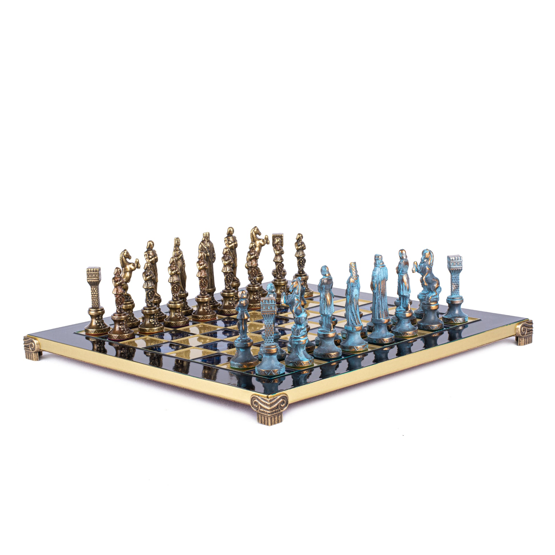 RENAISSANCE CHESS SET with blue/brown chessmen and bronze chessboard 36 x 36cm (Medium) - Premium Chess from MANOPOULOS Chess & Backgammon - Just €210! Shop now at MANOPOULOS Chess & Backgammon