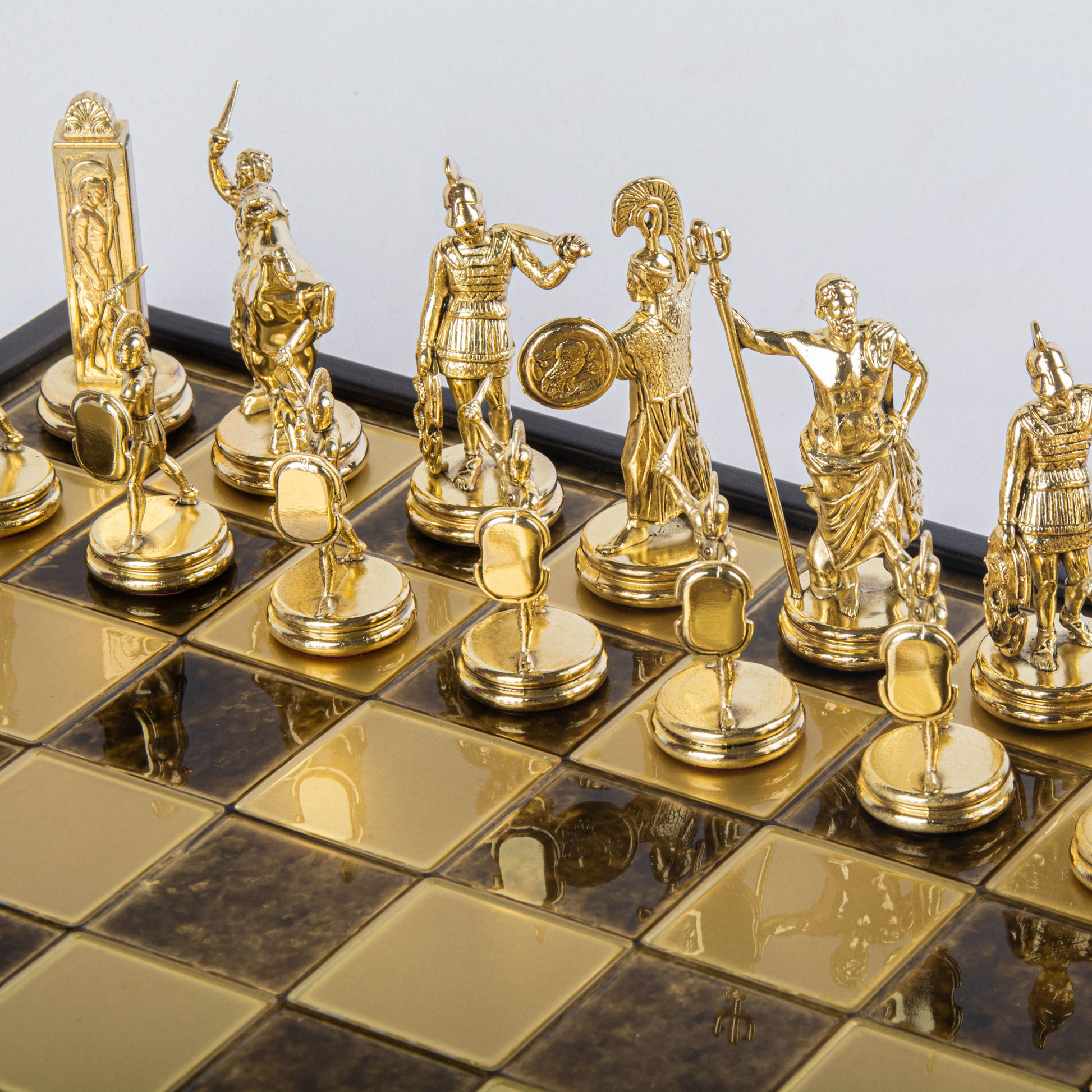 GREEK MYTHOLOGY CHESS SET in wooden box with gold/brown chessmen and bronze chessboard 48 x 48cm (Extra Large) - Premium Chess from MANOPOULOS Chess & Backgammon - Just €469! Shop now at MANOPOULOS Chess & Backgammon