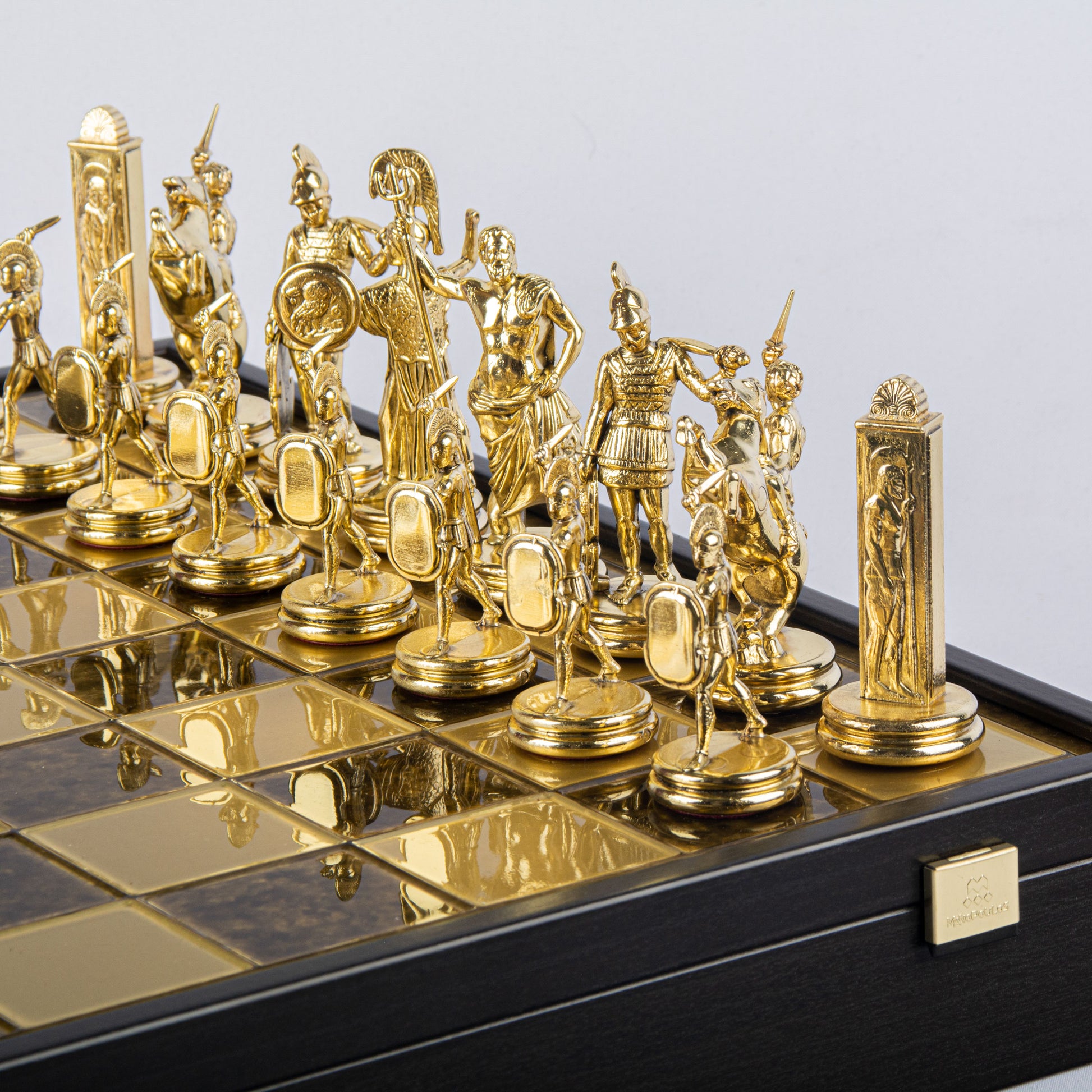 GREEK MYTHOLOGY CHESS SET in wooden box with gold/brown chessmen and bronze chessboard 48 x 48cm (Extra Large) - Premium Chess from MANOPOULOS Chess & Backgammon - Just €469! Shop now at MANOPOULOS Chess & Backgammon