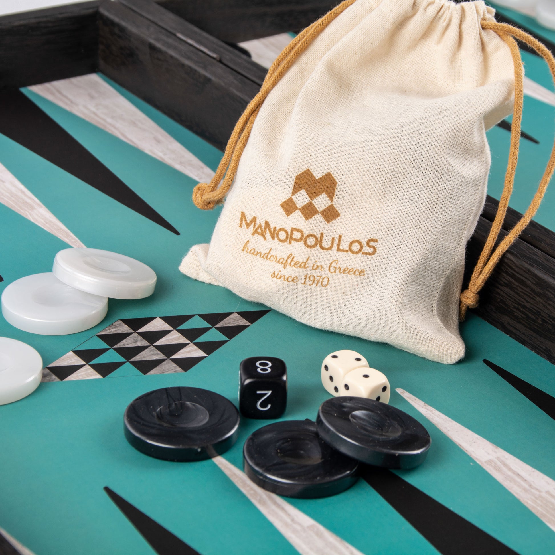 Handcrafted Turquoise Geometric Shapes Backgammon Set - Bold and Modern Design - Premium Backgammon from MANOPOULOS Chess & Backgammon - Just €79! Shop now at MANOPOULOS Chess & Backgammon