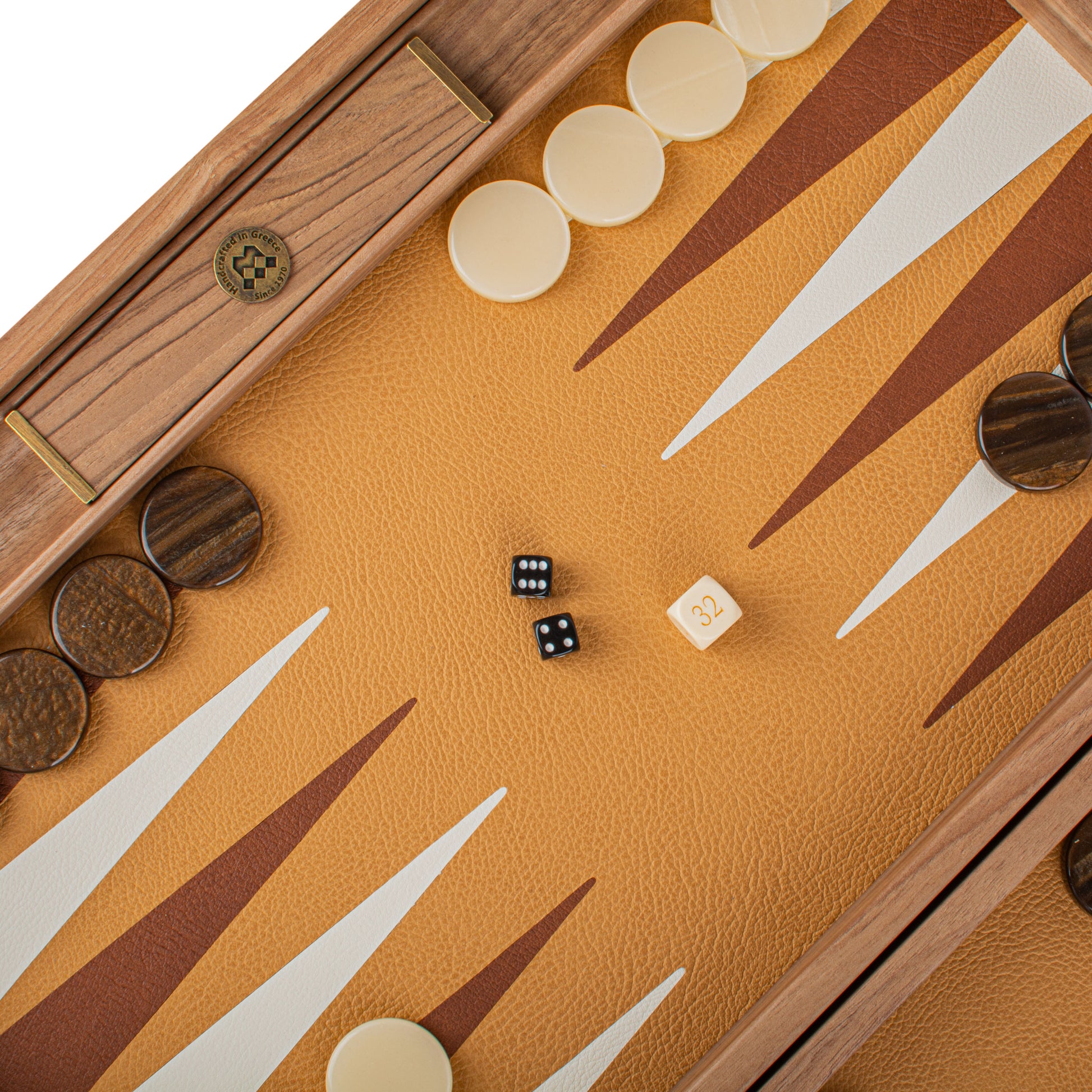 Premium Handcrafted Ostrich Tote Leather Backgammon Set in Dark Beige - Premium Backgammon from MANOPOULOS Chess & Backgammon - Just €340! Shop now at MANOPOULOS Chess & Backgammon