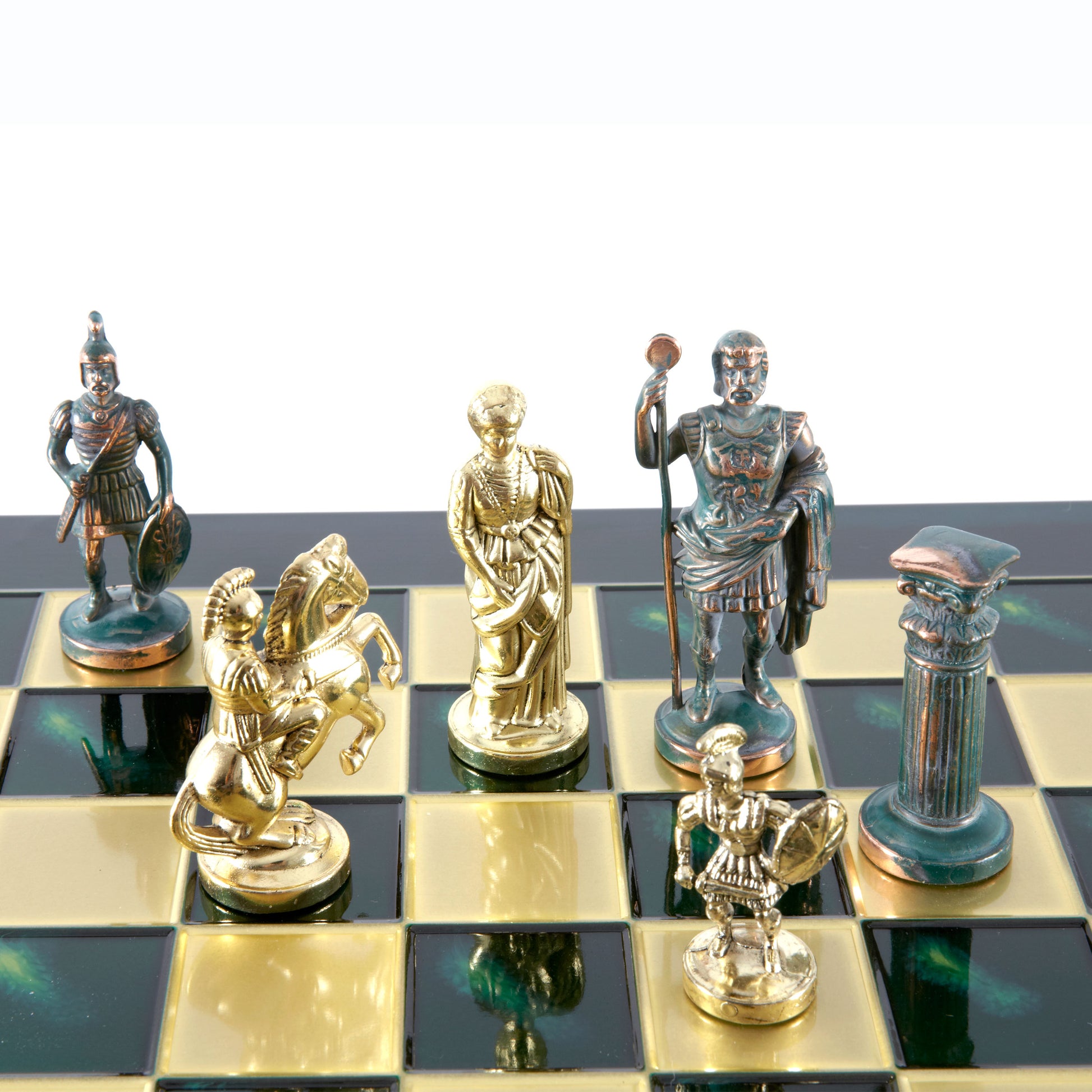 GREEK ROMAN PERIOD CHESS SET with gold/green chessmen and bronze chessboard 44 x 44cm (Large) - Premium Chess from MANOPOULOS Chess & Backgammon - Just €275! Shop now at MANOPOULOS Chess & Backgammon