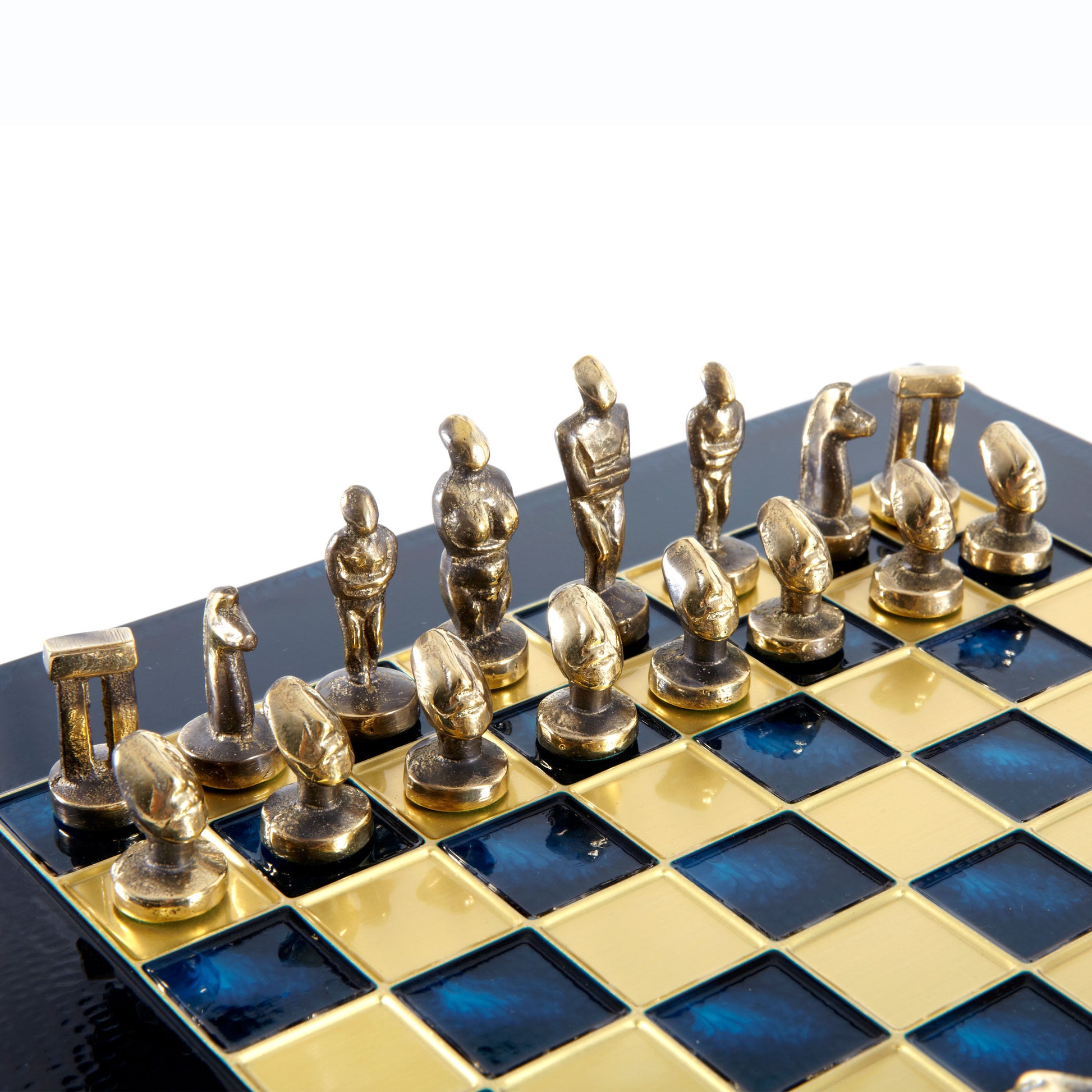 CYCLADIC ART SOLID BRASS CHESS SET with blue/brown chessmen and bronze chessboard 28 x 28cm (Small) - Premium Chess from MANOPOULOS Chess & Backgammon - Just €188.70! Shop now at MANOPOULOS Chess & Backgammon