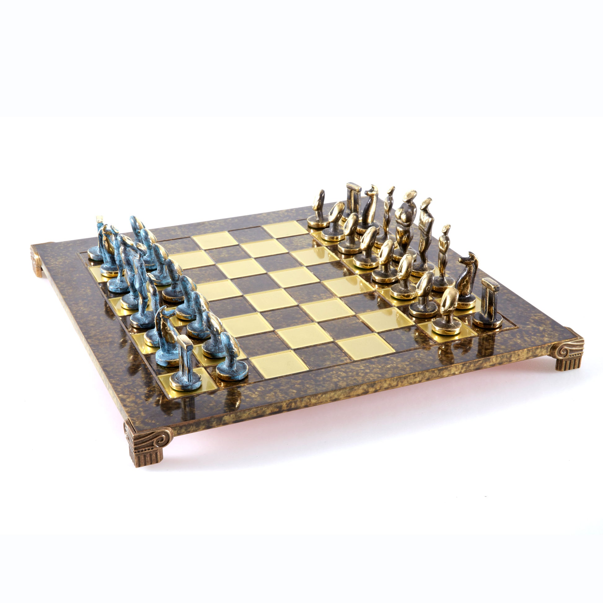 CYCLADIC ART SOLID BRASS CHESS SET with blue/brown chessmen and bronze chessboard 44 x 44cm (Large) - Premium Chess from MANOPOULOS Chess & Backgammon - Just €320! Shop now at MANOPOULOS Chess & Backgammon