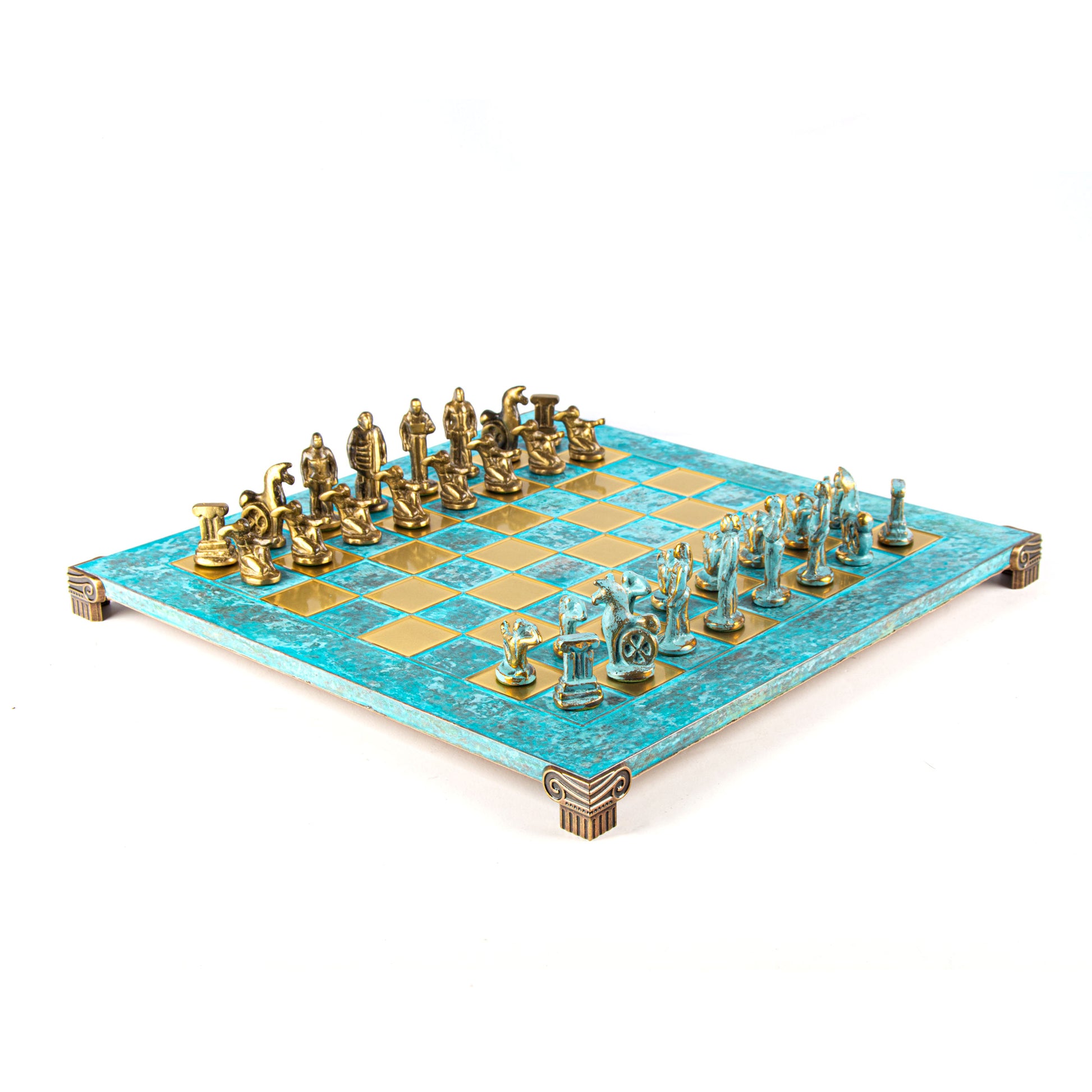 ARCHAIC PERIOD CHESS SET - Solid Brass with blue/brown chessmen and bronze chessboard 44 x 44cm (Large) - Premium Chess from MANOPOULOS Chess & Backgammon - Just €290! Shop now at MANOPOULOS Chess & Backgammon