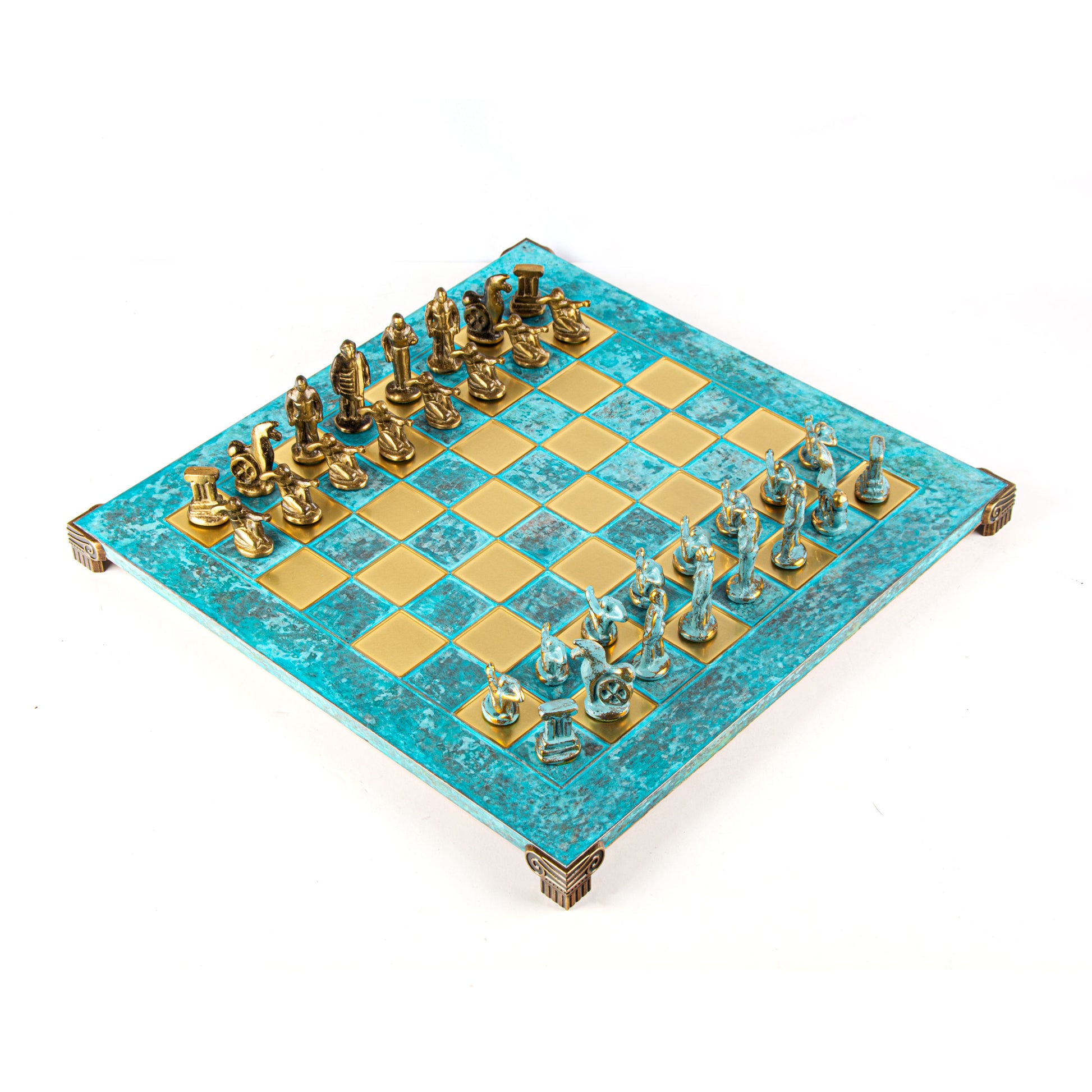 ARCHAIC PERIOD CHESS SET - Solid Brass with blue/brown chessmen and bronze chessboard 44 x 44cm (Large) - Premium Chess from MANOPOULOS Chess & Backgammon - Just €290! Shop now at MANOPOULOS Chess & Backgammon