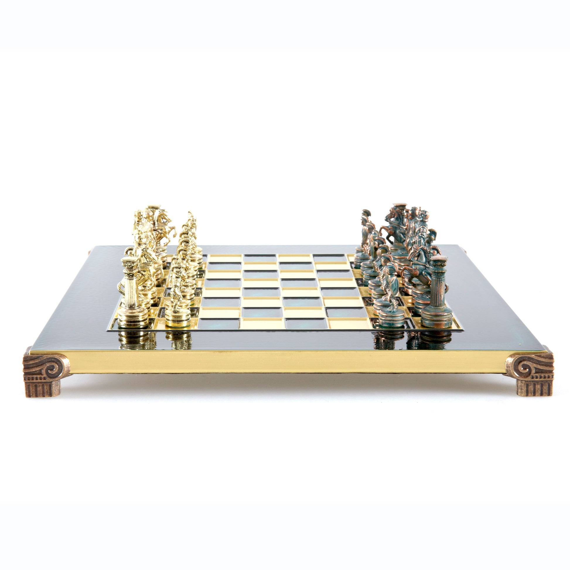 GREEK ROMAN PERIOD CHESS SET with gold/green chessmen and bronze chessboard 28 x 28cm (Small) - Premium Chess from MANOPOULOS Chess & Backgammon - Just €163! Shop now at MANOPOULOS Chess & Backgammon