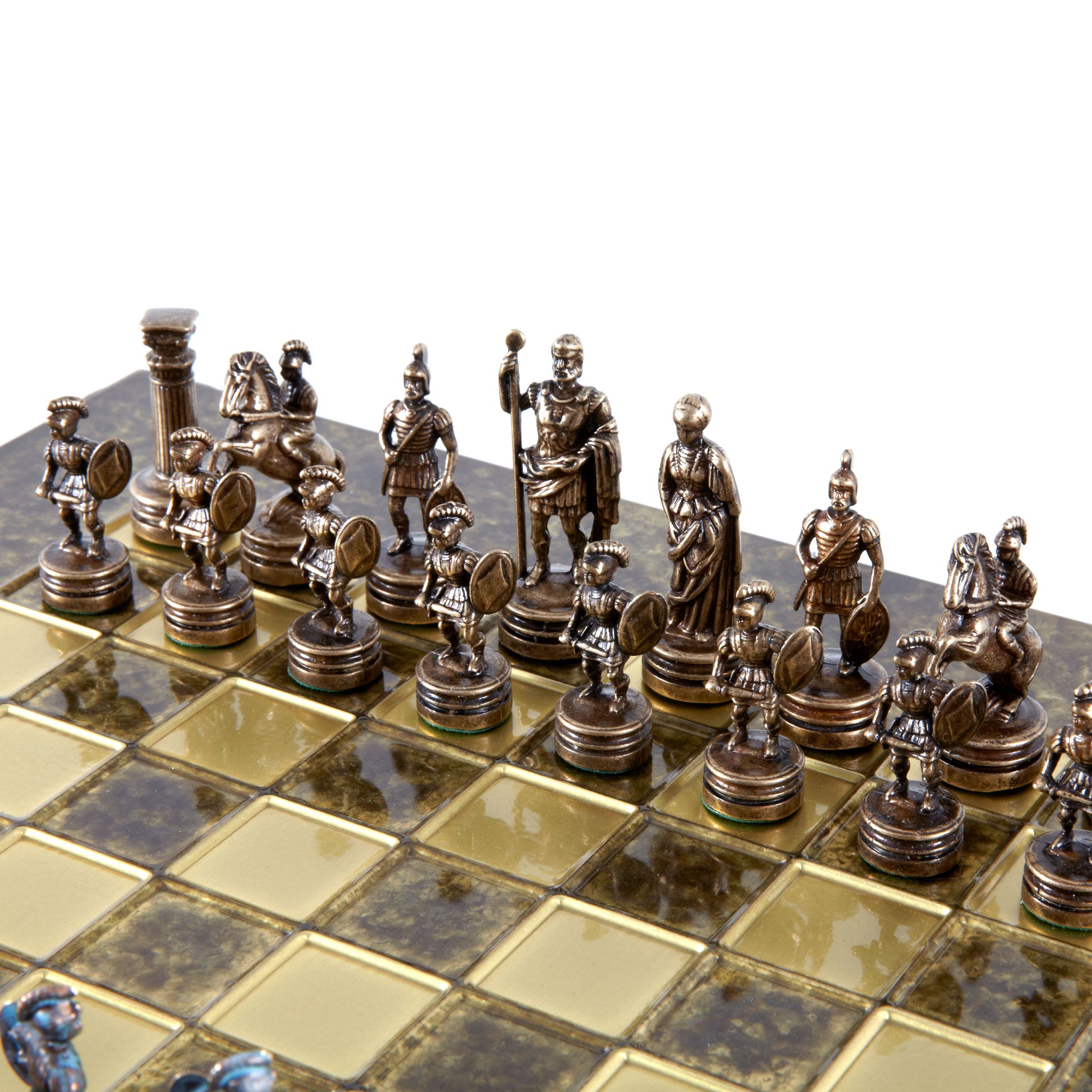 GREEK ROMAN PERIOD CHESS SET with blue/brown chessmen and bronze chessboard 28 x 28cm (Small) - Premium Chess from MANOPOULOS Chess & Backgammon - Just €163! Shop now at MANOPOULOS Chess & Backgammon